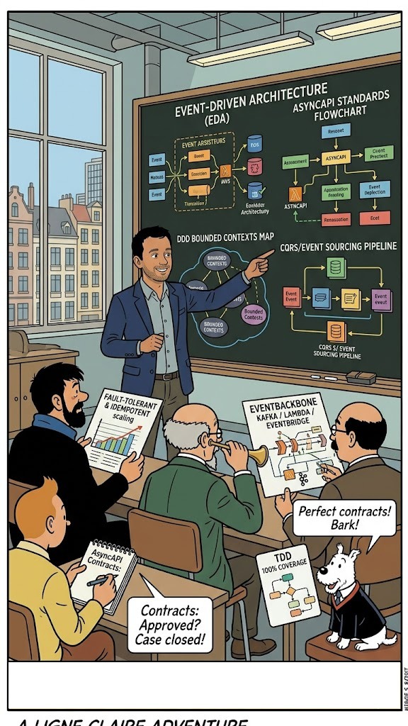 Illustration of an event-driven architecture workshop, showing async contracts, event sourcing, idempotent scaling, and a Kafka-Lambda-EventBridge backbone.